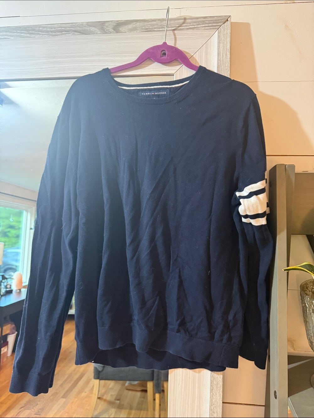 Tommy Hilfiger Navy Long Sleeve Crewneck Sweater with White Sleeve Stripes